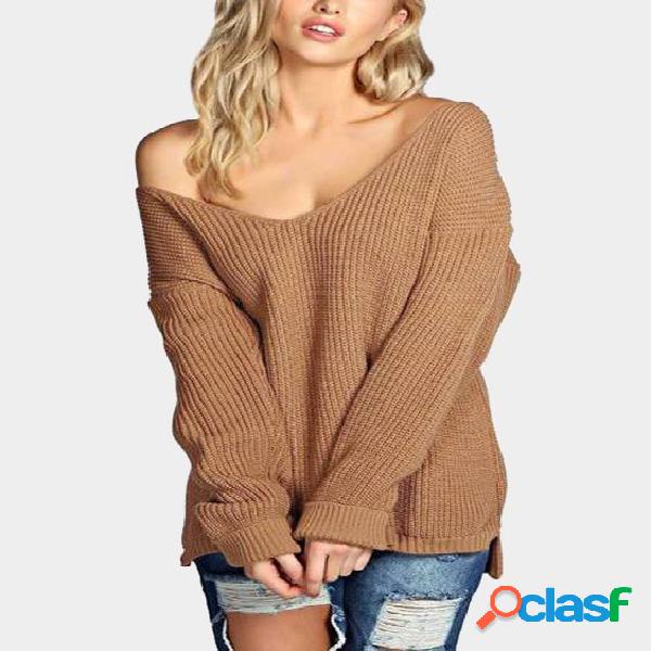 Khaki Clasic Design V-neck Loose Plunge Knit Sweater