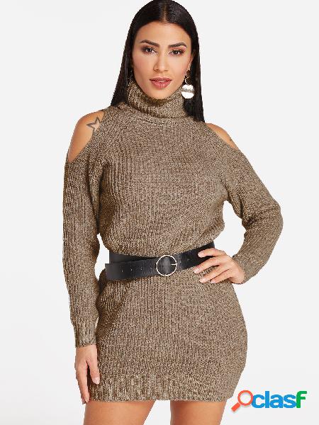 Khaki Cold Shoulder Design Plain Turtleneck Long Sleeves