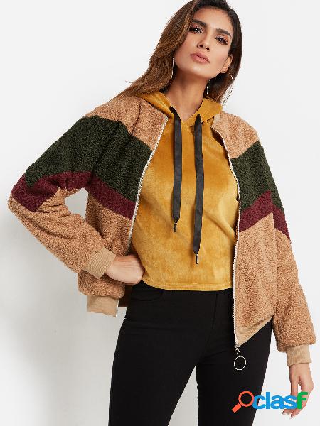 Khaki Color Block Zip Design Long Sleeves Faux Fur Coat