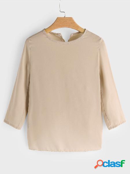 Khaki Crew Neck 3/4 Length Sleeve Back High Open T-shirt