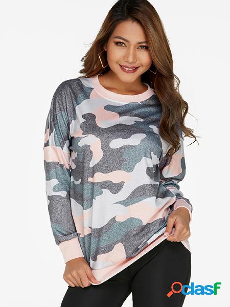 Khaki Crew Neck Camouflage Print Oversize Sweatshirts