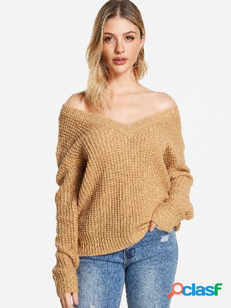 Khaki Cut Out Back Off Shoulder Long Sleeves Sweater