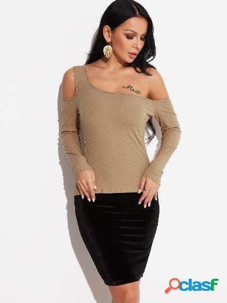 Khaki One Shoulder Long Sleeves Knitted Top