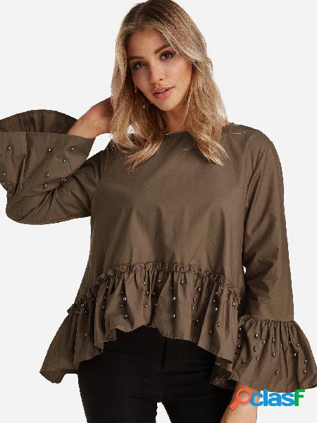 Khaki Pearl Flared Sleeves Fashion Blouse