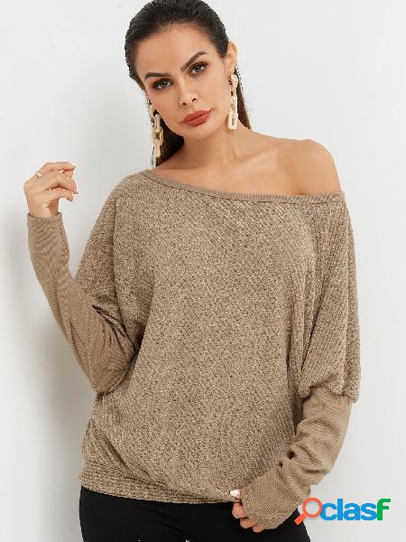 Khaki Plain One Shoulder Bat Long Sleeves Top