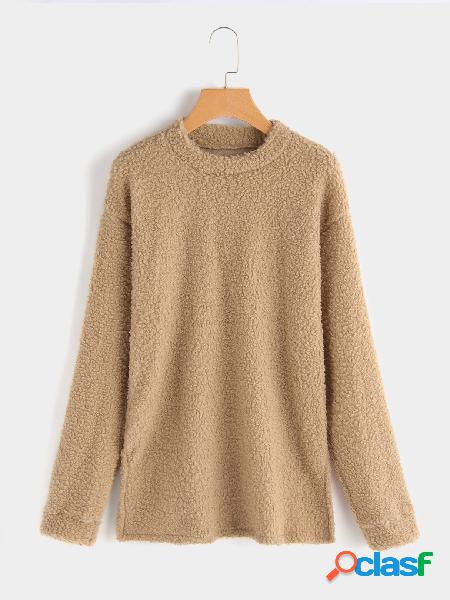 Khaki Round Neck Long Sleeves Side Slit Sweater