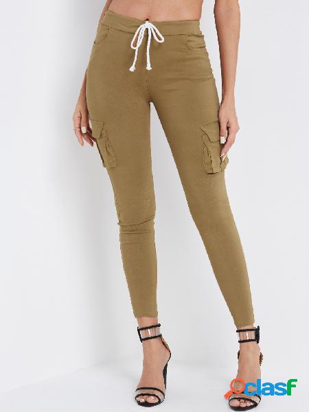 Khaki Side Pockets Plain Drawstring Waist Skinny Cargo Pants