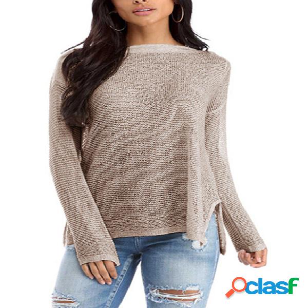 Khaki Slit Design Bateau Long Sleeves Knitted Top