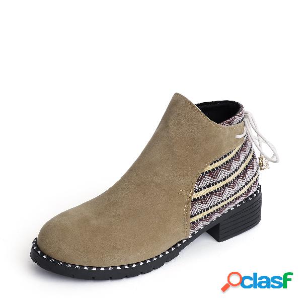 Khaki Suede Stitching Design Ankle Boots