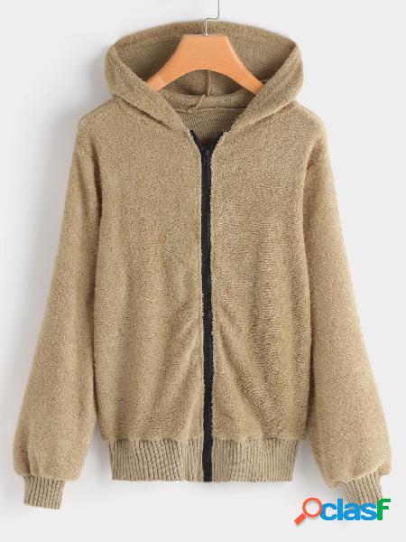 Khaki Zip Up Fluffy Faux Fur Hooded Design Coat