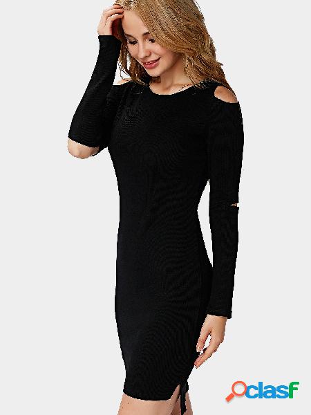Knit Round Neck Cold Shoulder Mini Dress in Black