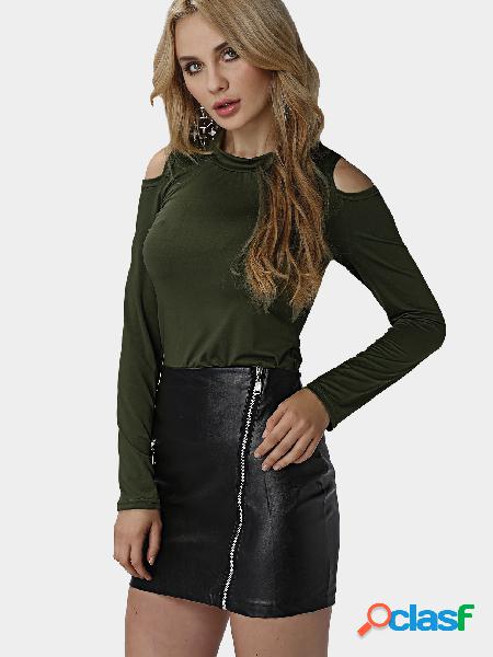 Knitted Round Neck Cold Shoulder Top in Army Green