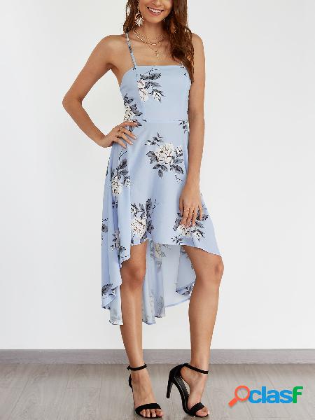 Light Blue Random Floral Print Sleeveless Irregular Hem