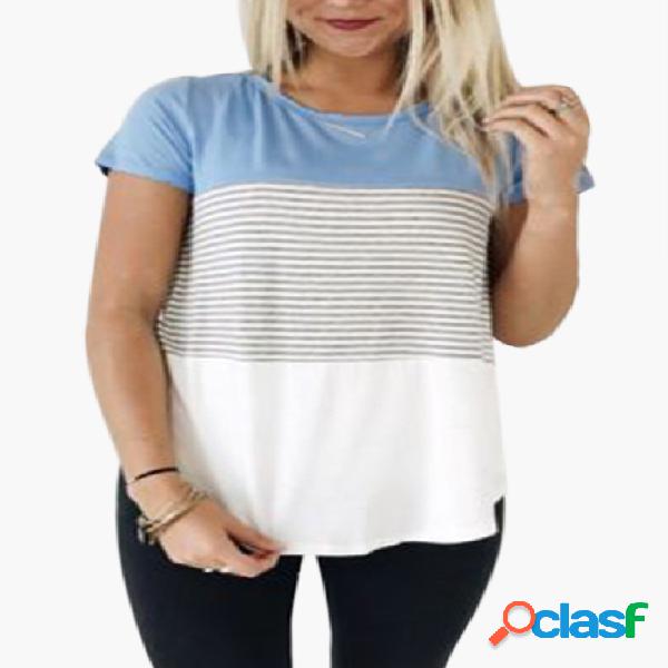 Light Blue Stitching Stripe Pattern T-shirt with Contrast