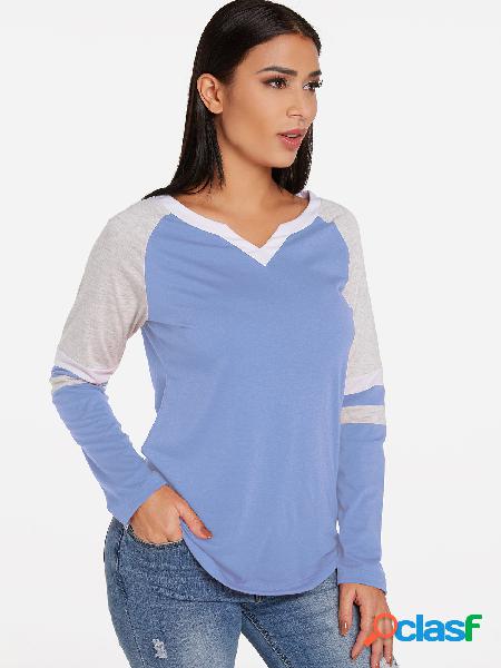 Light Blue Stripe Details V-neck Curve Hem Long Sleeves