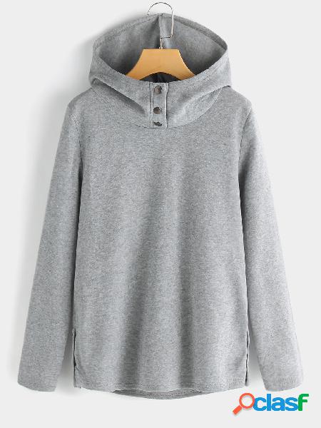Light Grey Pullover Long Sleeves Button Design Hoodie