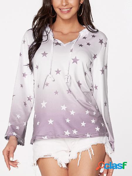 Light Grey Stars Print Gradient Drawstring Long Sleeves