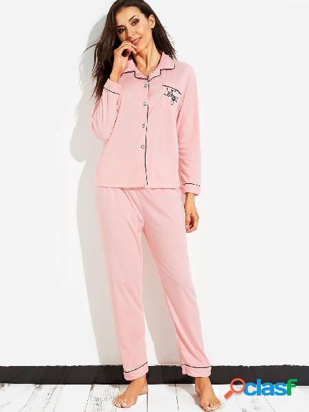 Light Pink Casual Pocket Front Pajamas Set