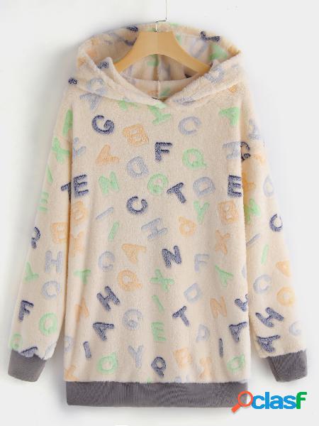 Light Yellow Letter Partern Pullover Faux Fur Hoodie