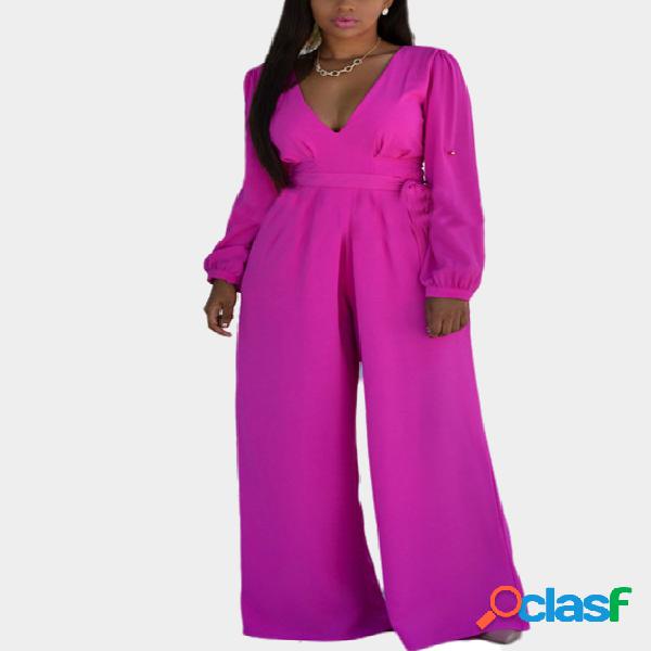 Long Sleeves V-neck Wide Leg Trousers Jumpsuit