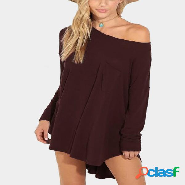 Loose Special Neck Curved Hem Mini Dress with Long Sleeves