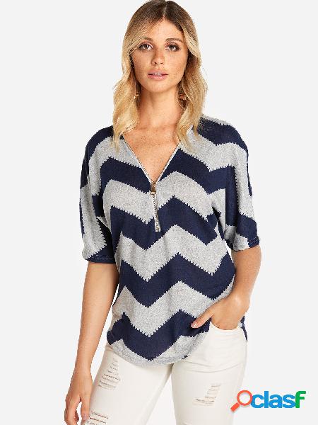 Navy And Grey Chevron Striped Zip Front Top