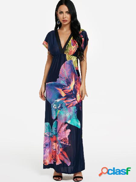 Navy Butterfly Print V-neck Cinched Waist Maxi Dress