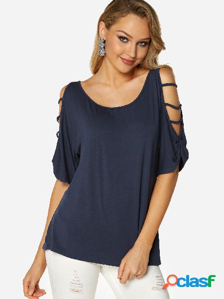 Navy Cold Shoulder Strappy Detail Half Sleeves T-shirt