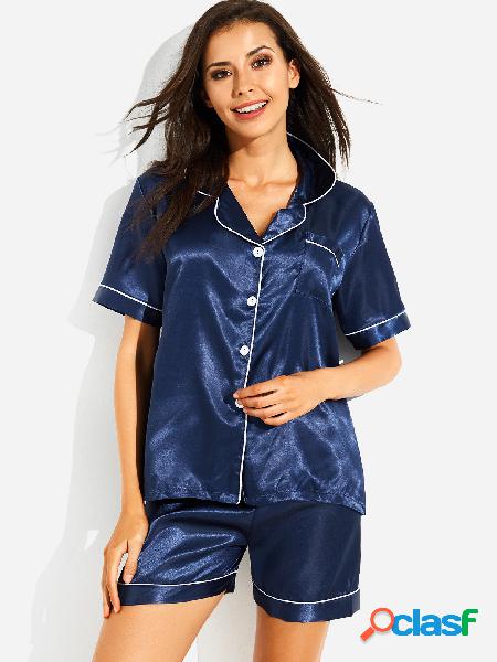 Navy Contrast Piping Pocket Front Satin Pajamas Set
