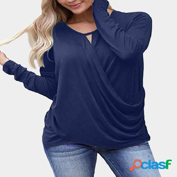 Navy Crossed Front Hollow V-neck Long Sleeves Blouses