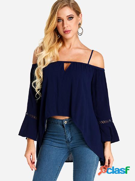 Navy Cut Out Cold Shoulder Long Sleeves Blouses With Hi-Lo