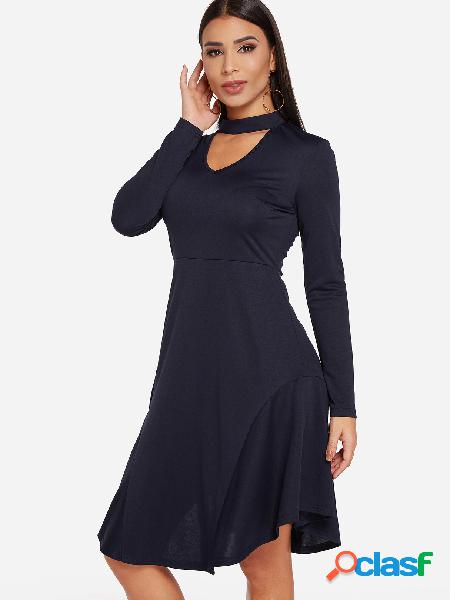 Navy Cut Out Crew Neck Long Sleeves Dress With Flared Hem