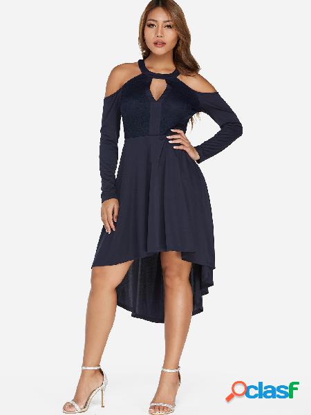 Navy Cut Out Halter Long Sleeves Dress With High-Low Hem