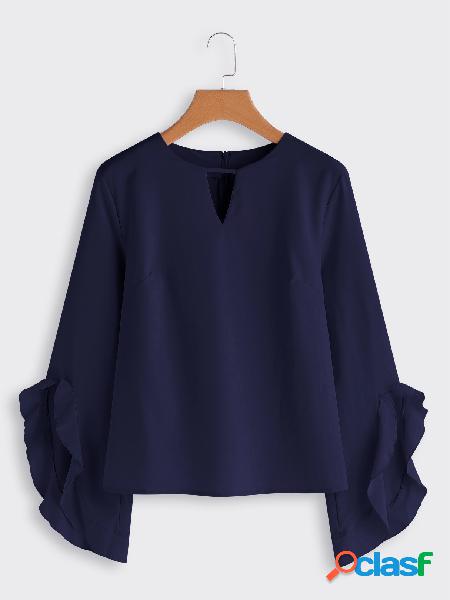 Navy Cut Out Plain Crew Neck Flared Long Sleeves Blouses