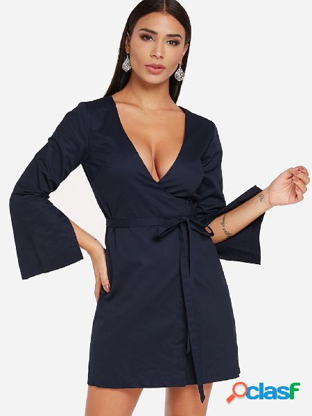 Navy Deep V-neck Long Sleeves Mini Dress With Wrap Design