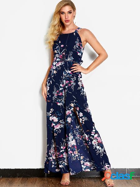 Navy Floral Print Backless Fashion Long Dress