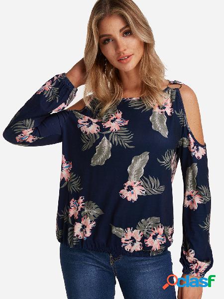 Navy Floral Print Cold Shoulder Long Sleeves Tee