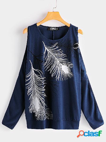 Navy Floral Print Scoop Neck Cold Shoulder Long Sleeves Tee