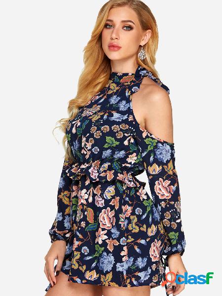 Navy Flounced Details Random Floral Print Halter Long