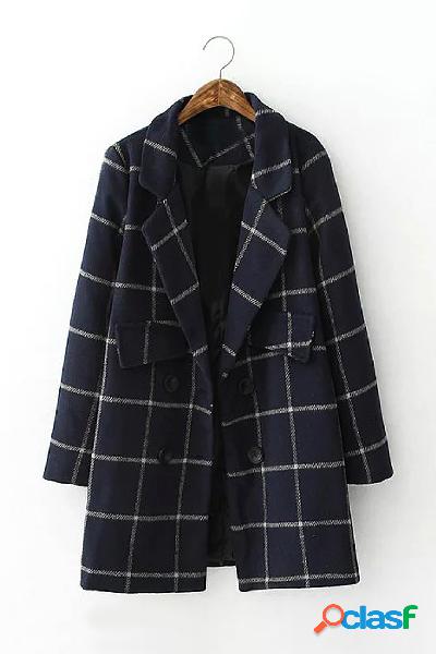 Navy Grid Lapel Collar Long Sleeves Trench Coat With Doubel