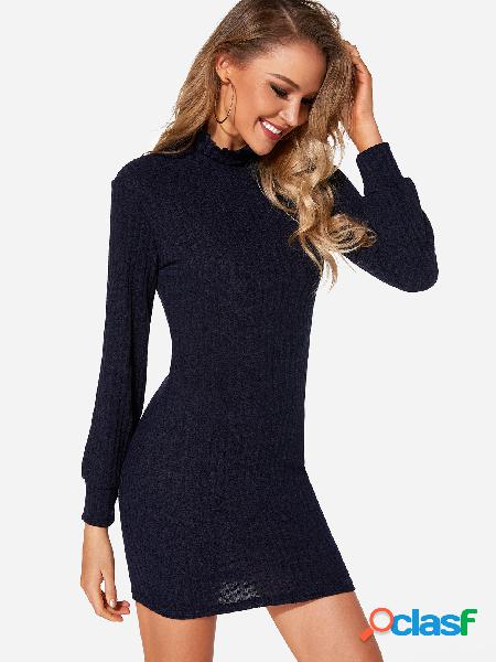 Navy Plain Turtleneck Long Sleeves Sweater Dress