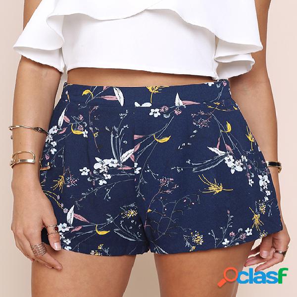 Navy Random Floral Print Back Zipper High Waist Shorts with