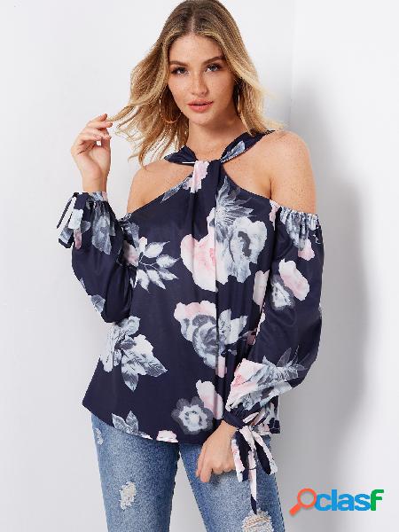 Navy Random Floral Print Cold Shoulder Blouse With Tie-up At