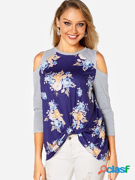 Navy Random Floral Print Cold Shoulder T-shirt
