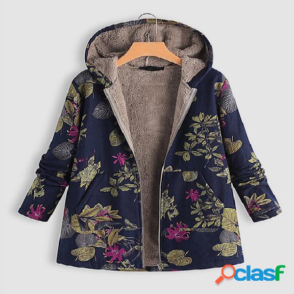 Navy Random Floral Print Hooded Design Long Sleeves Plush