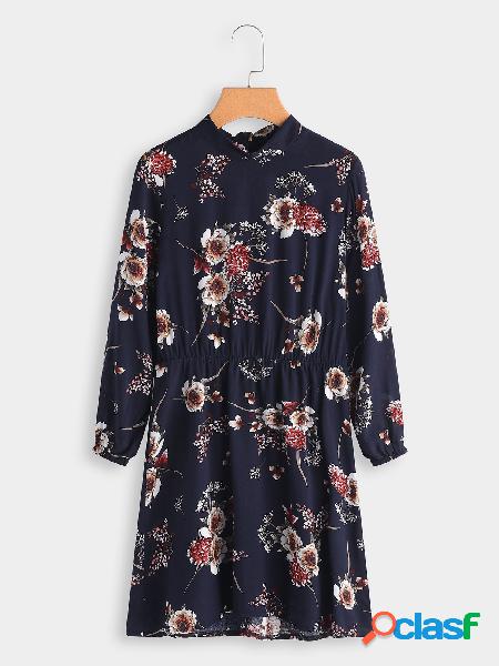 Navy Random Floral Print Long Sleeves Mini Dress