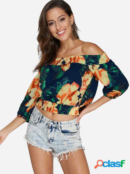 Navy Random Floral Print Off The Shoulder Half Sleeves