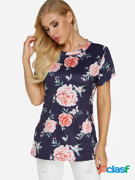 Navy Random Floral Print Round Neck Causal T-shirt