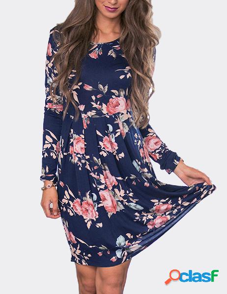 Navy Random Floral Print Round Neck Knee Length Dress