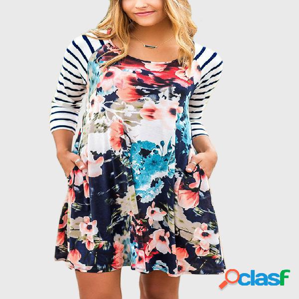 Navy Random Floral Print Round Neck Stripe Dress